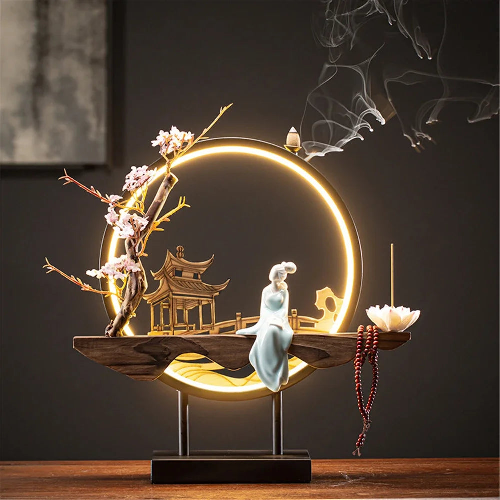 Wooden Backflow Incense Burner with Led Light
